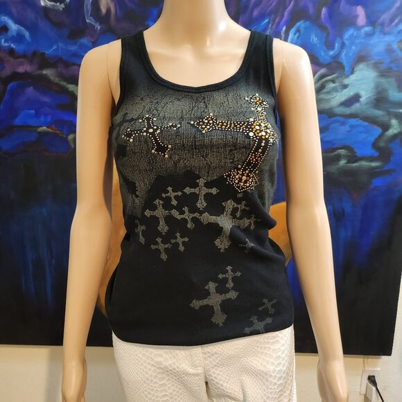 VocalUSA - Black Tank Top with Embellished Cross Pattern Size Small - Picture 2 of 14
